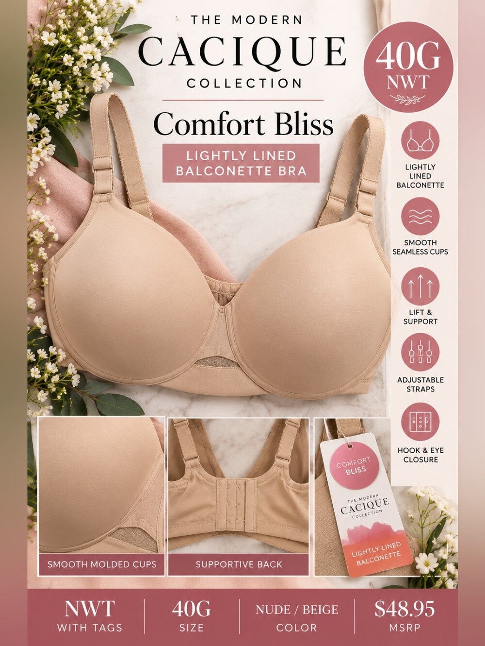 NWT Cacique Comfort Bliss Lightly Lined Balconette Bra 40G Nude
